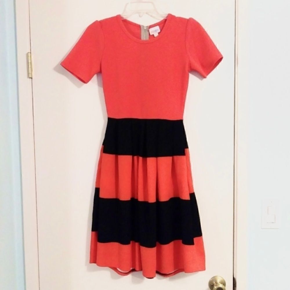 Lularoe Amelia Red and Black Striped Colorblock Midi Dress